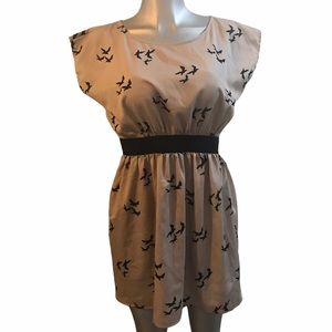 Bird Print Dress Cap Sleeve Empire Waist Bohemian Boho Lightweight Beach Coastal